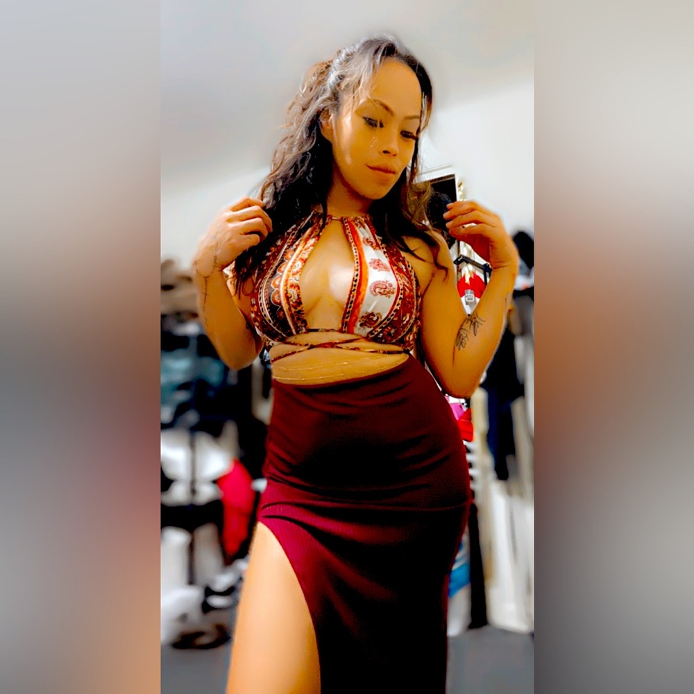 Crop crisscross top and long tight high slit skirt